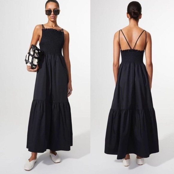 Rodebjer Tazerwalt Ruffle hem smocked bodice Black Maxi cotton Dress Small - Picture 1 of 11